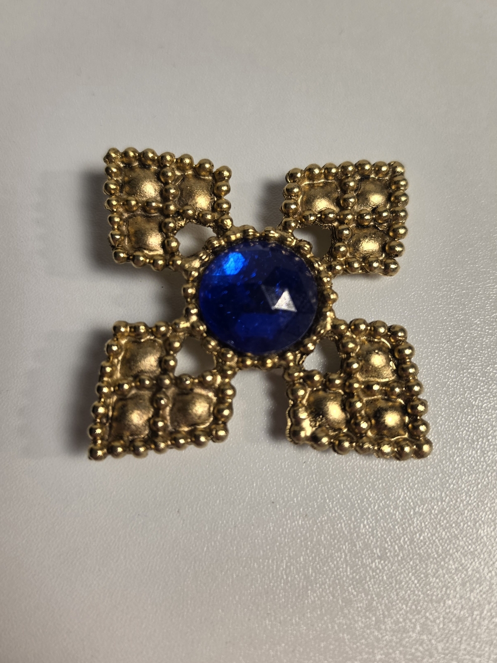 Statement Gold Tone Brooch Pin with Blue Rhinestone - Picture 2 of 4